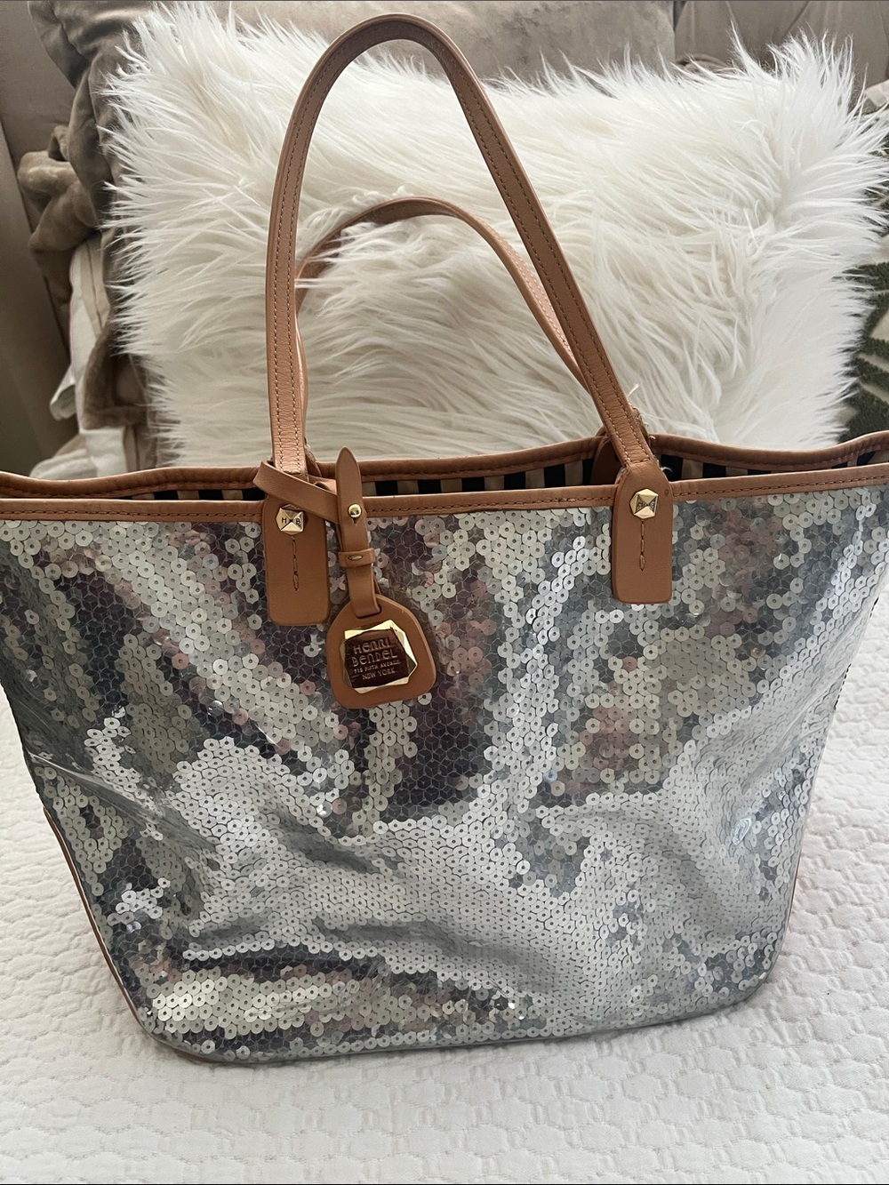 henri bendel Silver Sequin Tote with Tan Trim